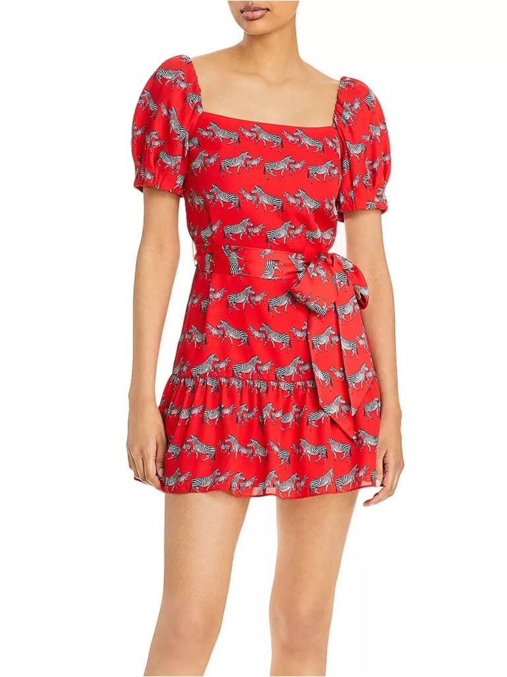 Alice + Olivia Collette Zebra-Print Square-Neck Puff-Sleeve Dress 6 NWT